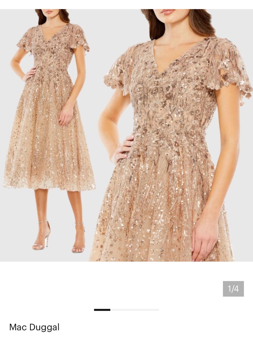 Mac Duggal taupe gold embellished sequin lace midi tea cocktail dress size 6